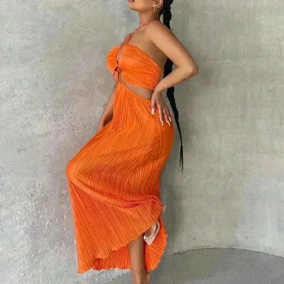 Orange Sexy Women's Crisscross Tie Backless Halter Swing Dress - Picture 3 of 7